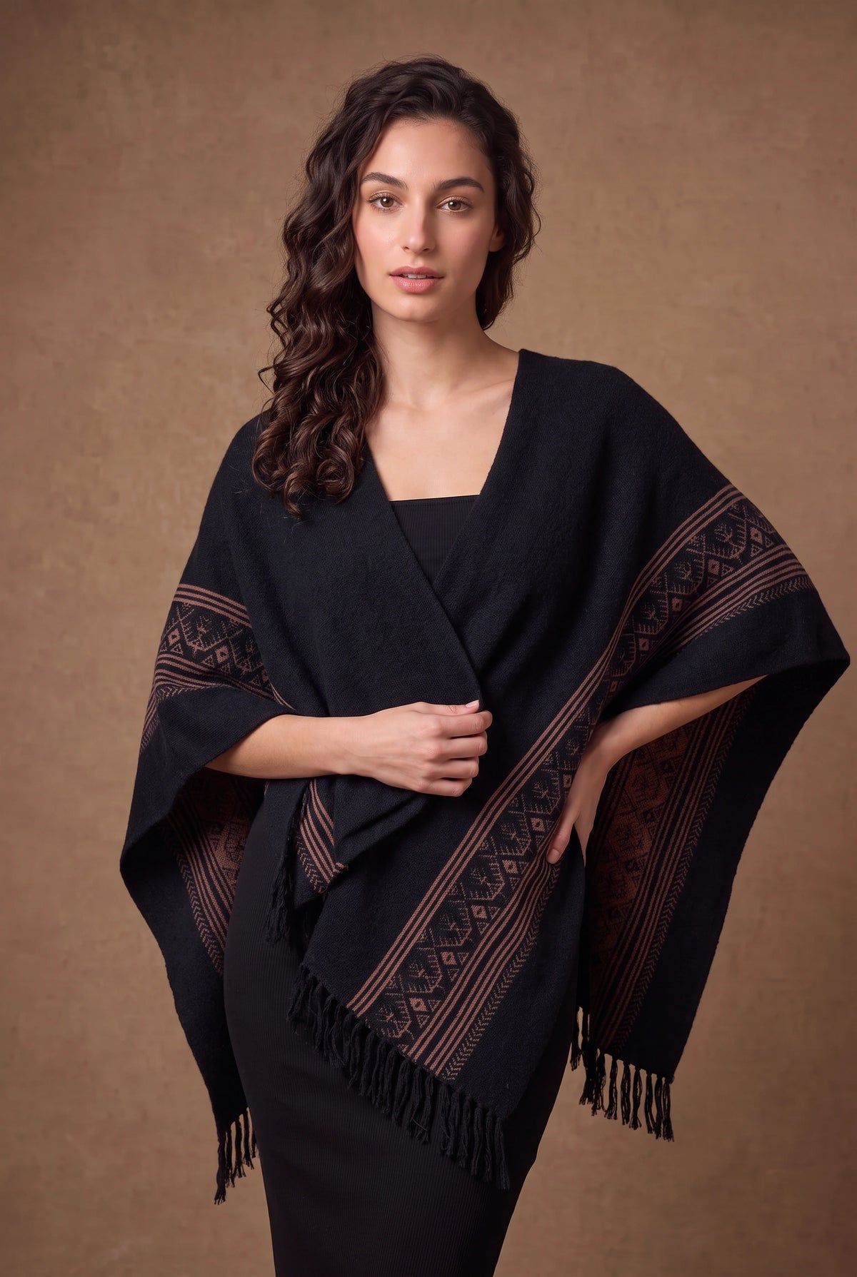 Lachi Women's Tribal Border Tasseled Poncho Cape
