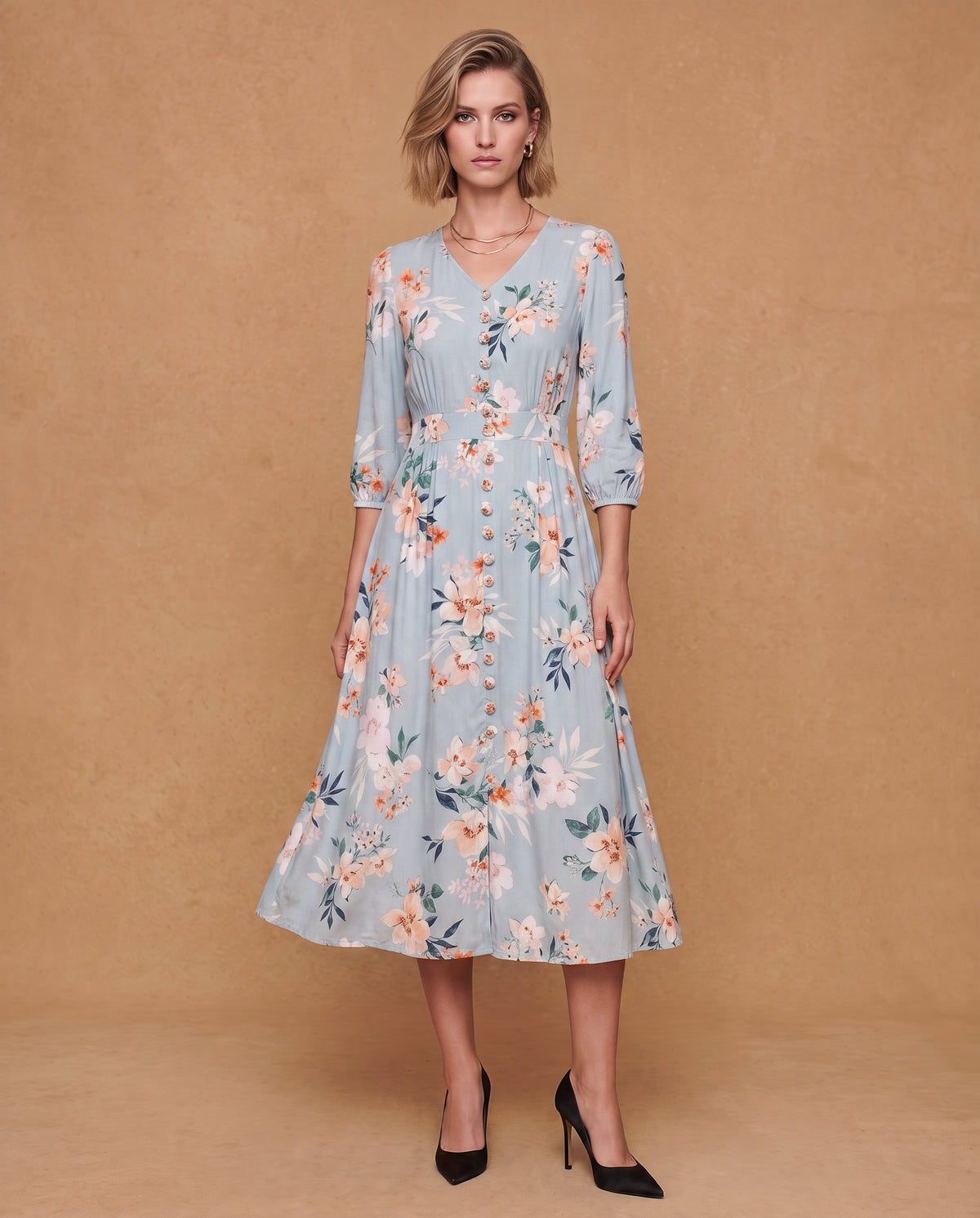 Lachi Women's Sky Blue Floral Print Viscose Midi Dress