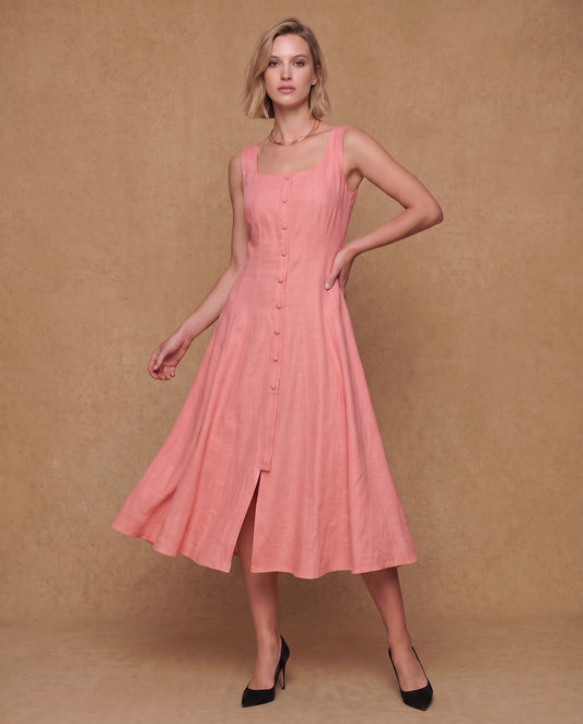 Coral Button-Front Midi Dress