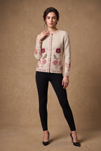 Cream Beaded Bloom Jacquard Knitted Cardigan 3