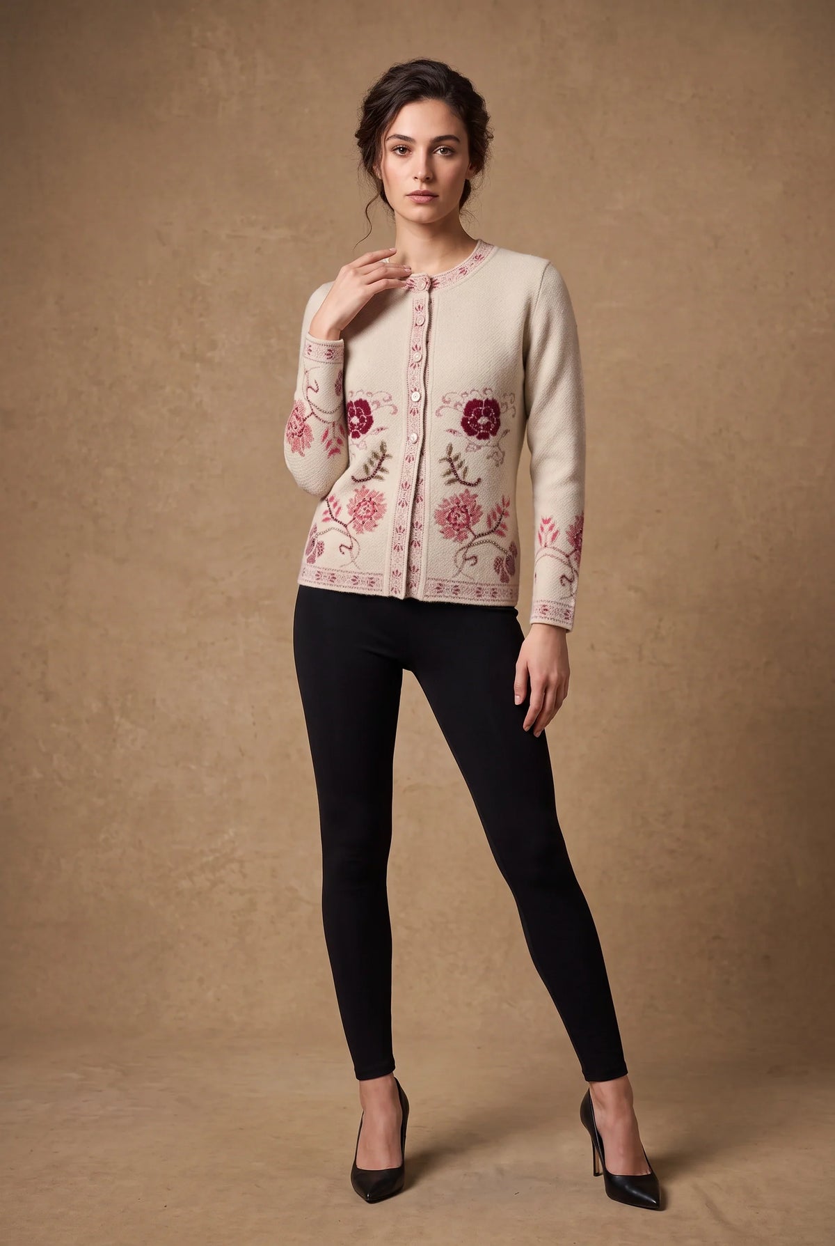 Cream Beaded Bloom Jacquard Knitted Cardigan 3
