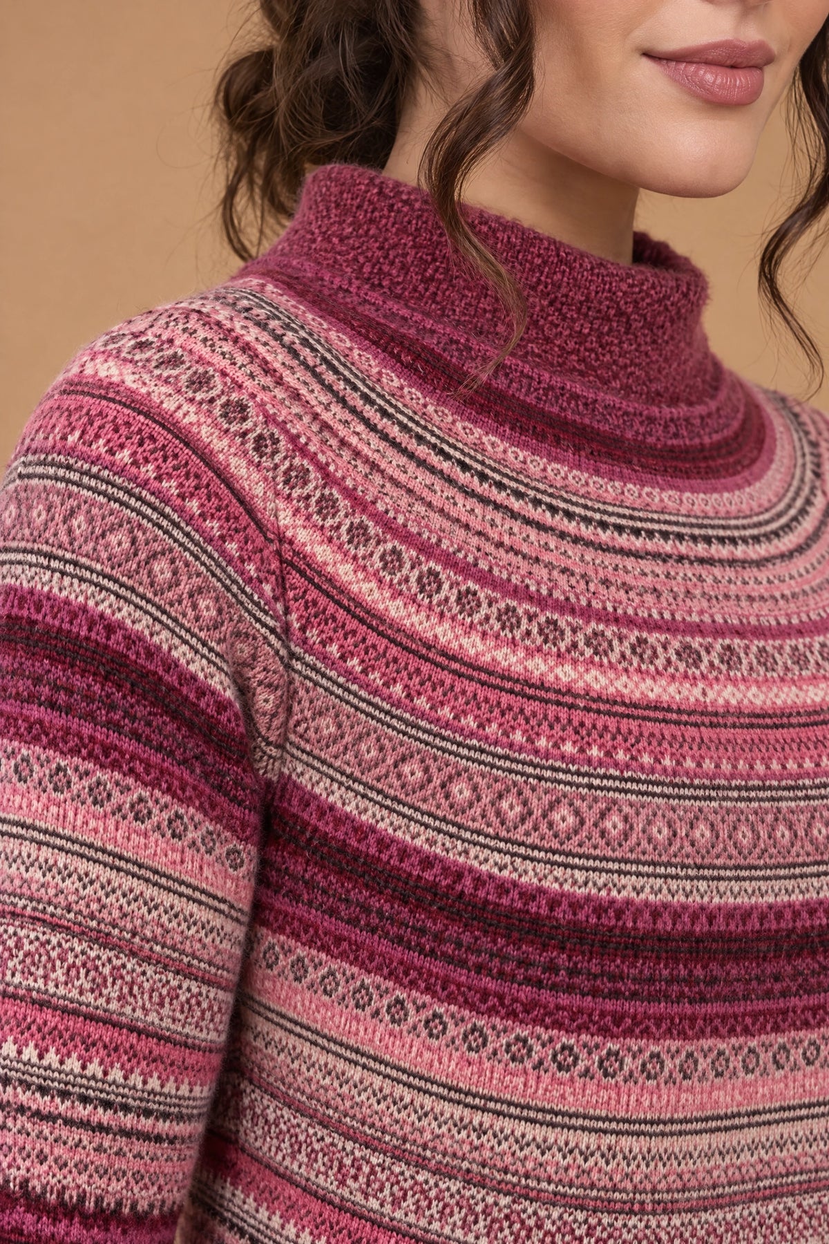 Lachi Women's Pink Fair Isle Striped Knitted Kurti
