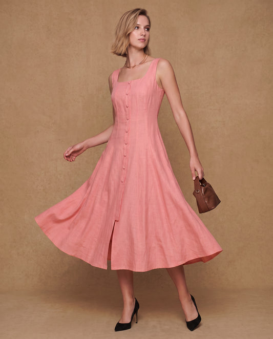 Coral Button-Front Midi Dress