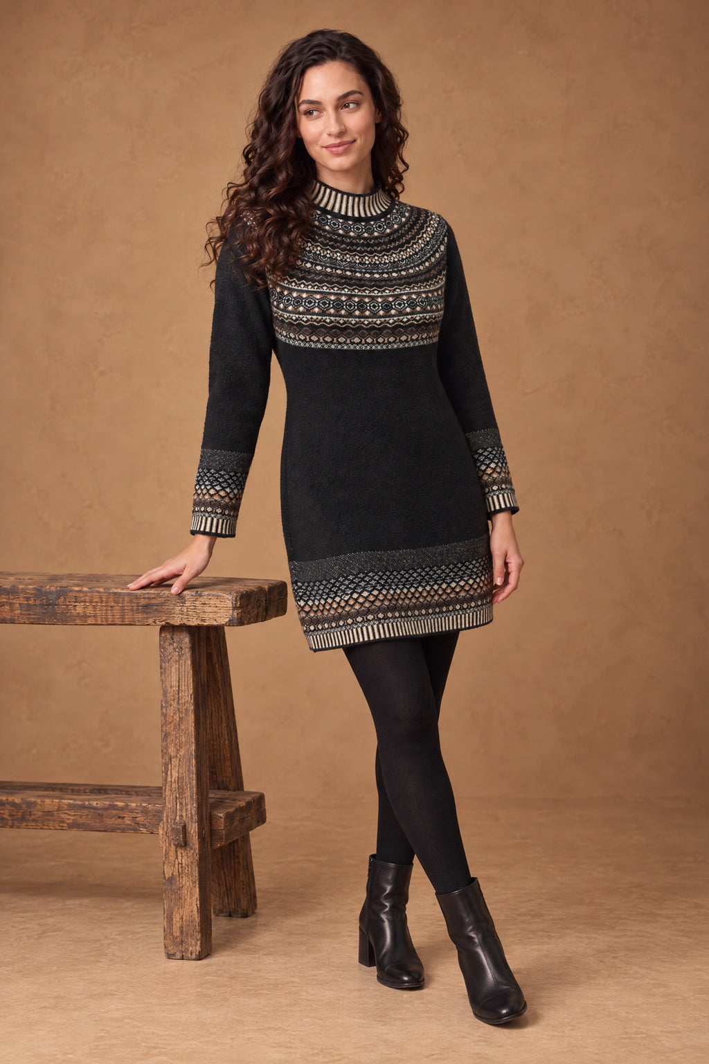 Lachi Women's Black Fair Isle Yoke Knitted Kurti