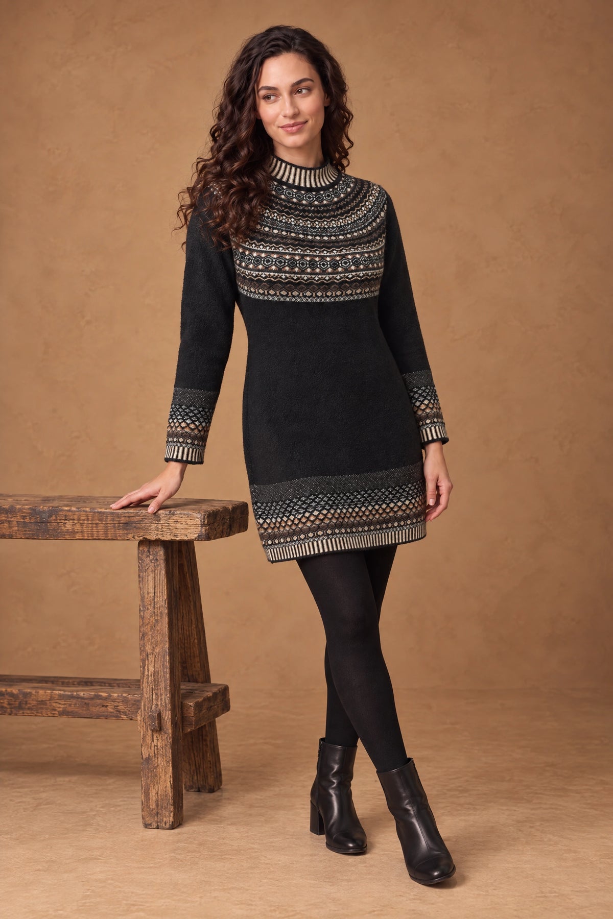 Lachi Women's Black Fair Isle Yoke Knitted Kurti