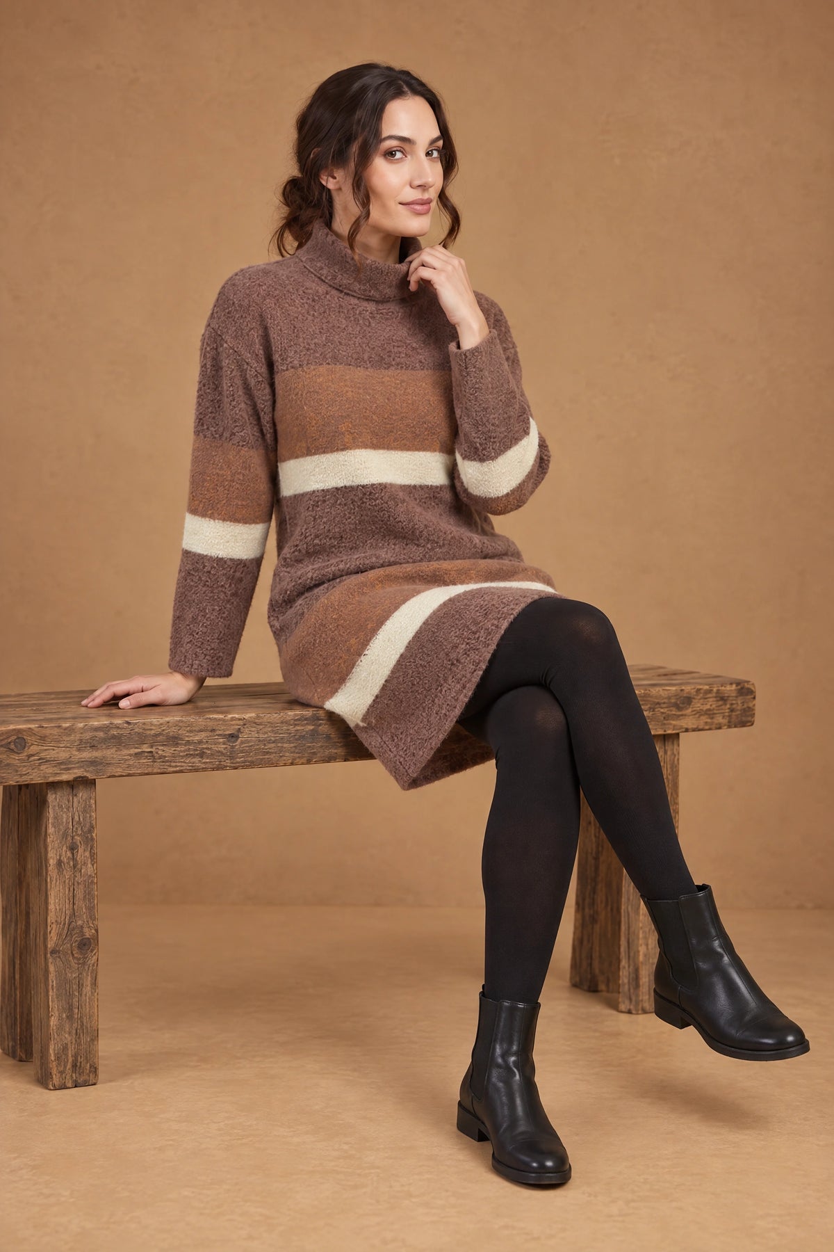 Lachi Women's Mocha Cream Colour-Block Bouclé Knitted Tunic