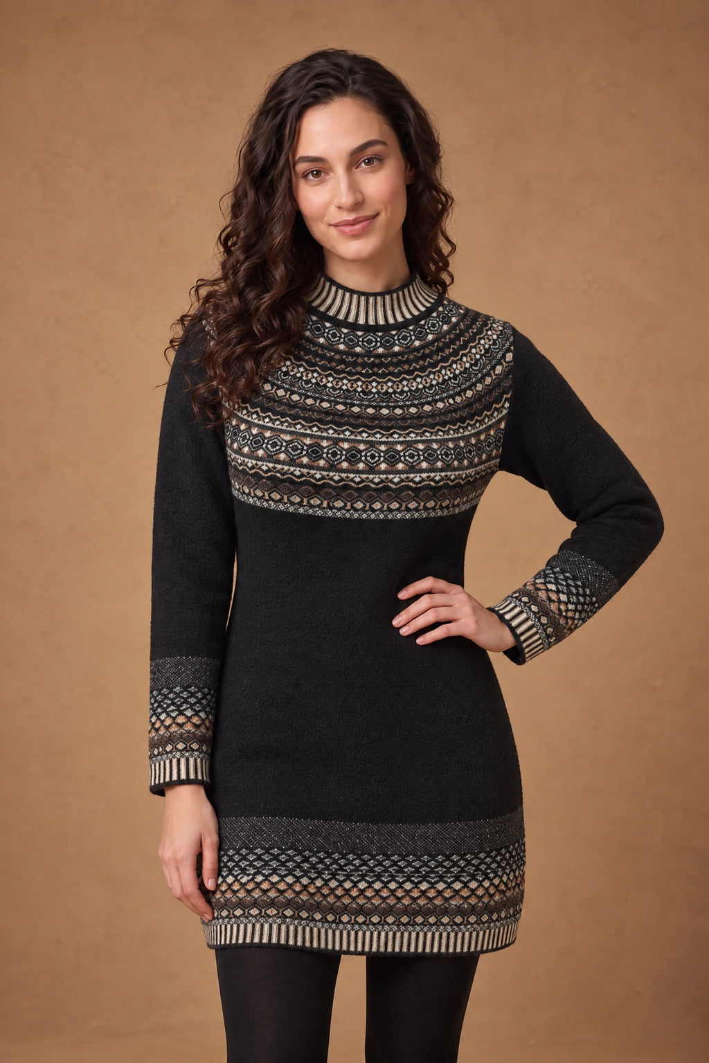 Lachi Women's Black Fair Isle Yoke Knitted Kurti