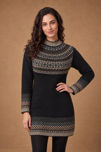 Lachi Women's Black Fair Isle Yoke Knitted Kurti