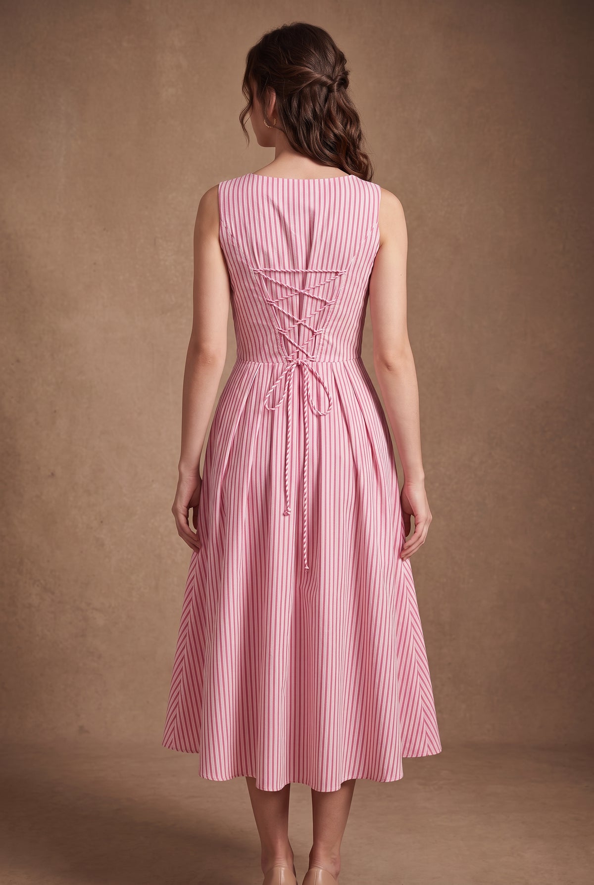 Lachi Women's Pink Striped Cotton Pleated Midi Dress