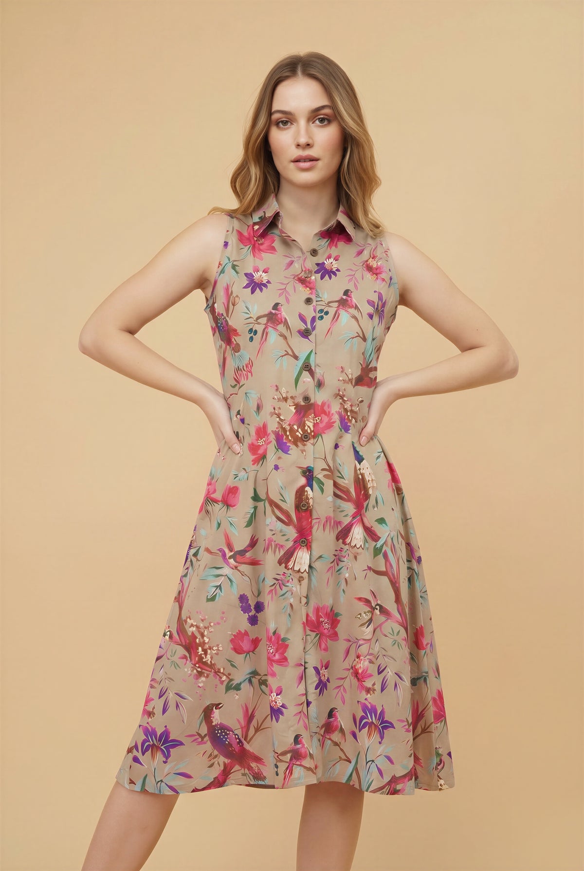 Lachi Women's Tropical Print Cotton Shirt Dress