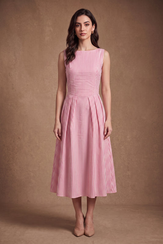 Pink Striped Pleated Midi Dress