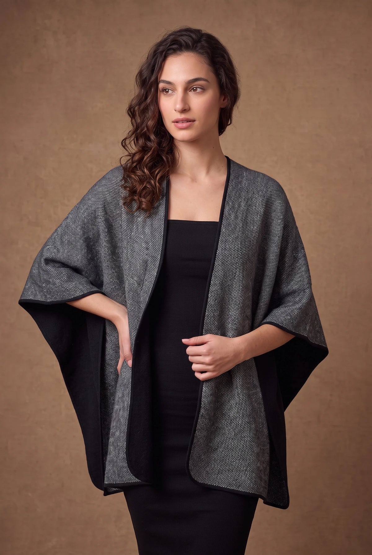 Lachi Women's Grey Marl Knit Open Front Poncho Cape