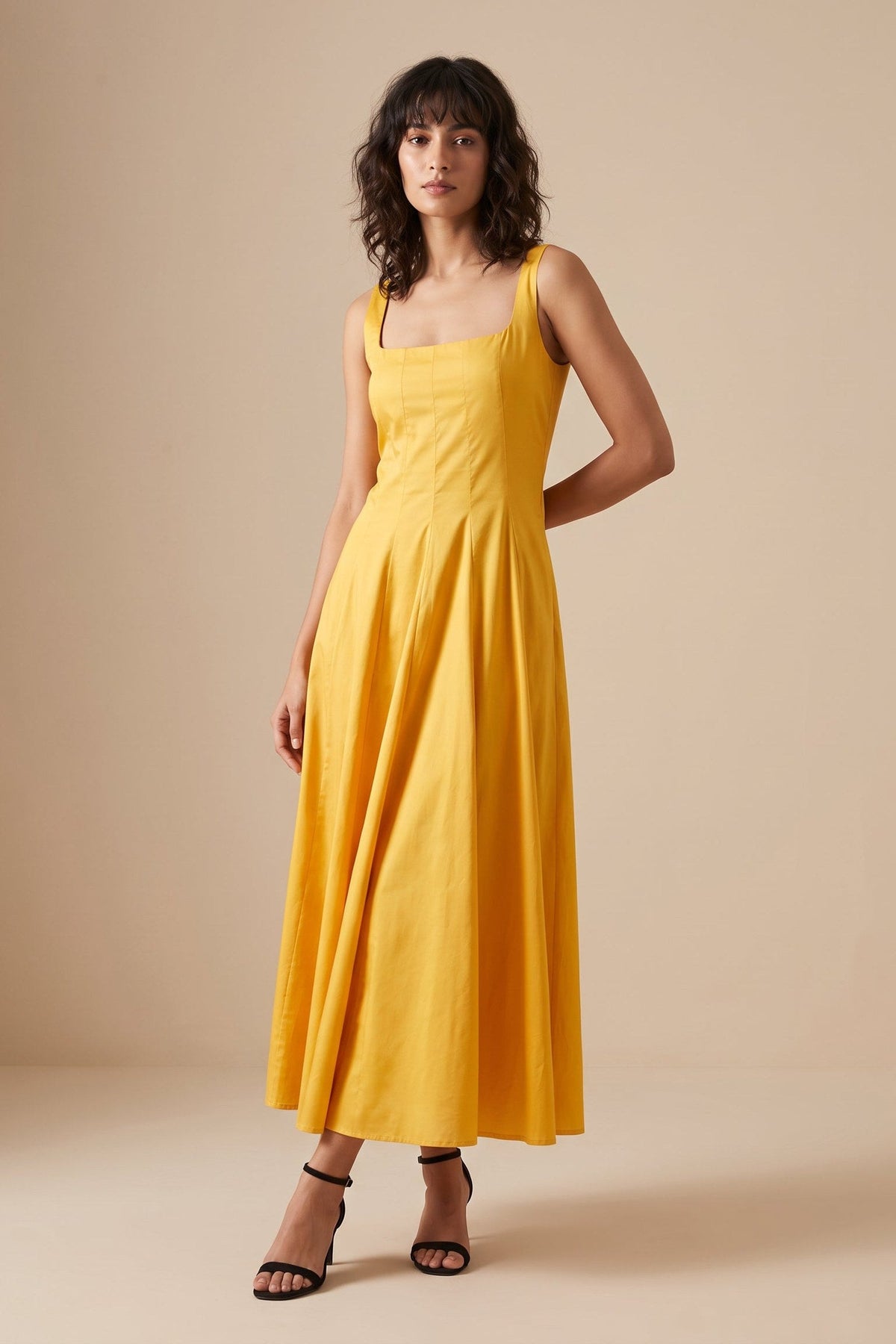Lachi Women's Marigold & Jade Pleated Cotton Poplin Midi Dress