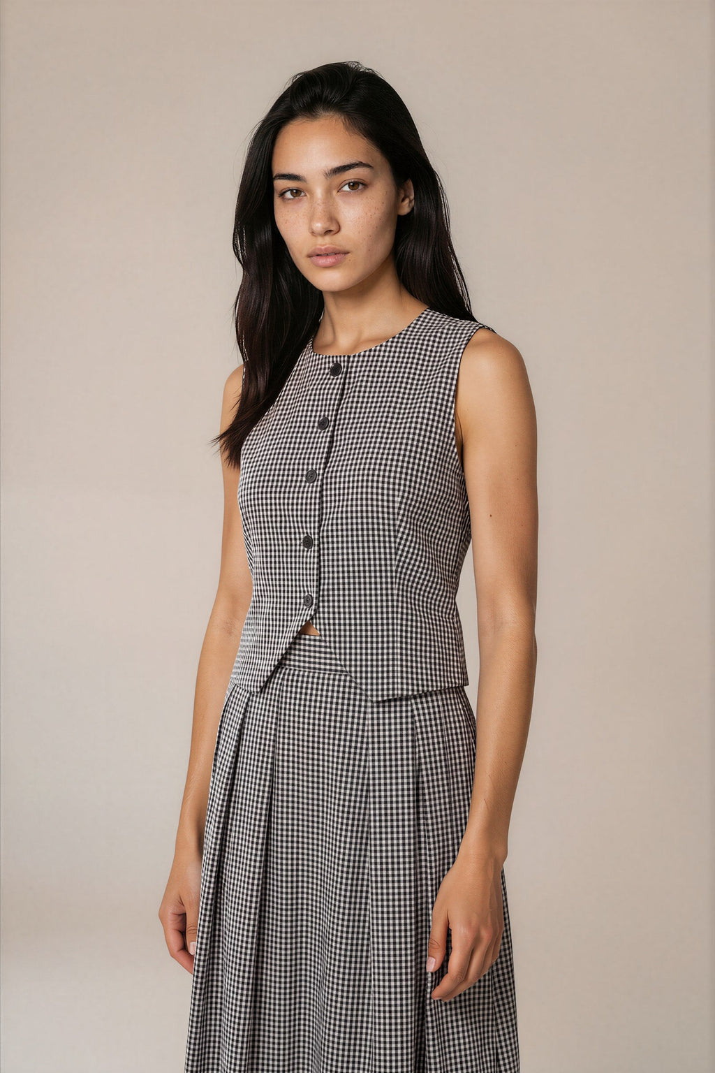Lachi Women's Monochrome Gingham Cotton Vest & Pleated Midi Co-ord Set
