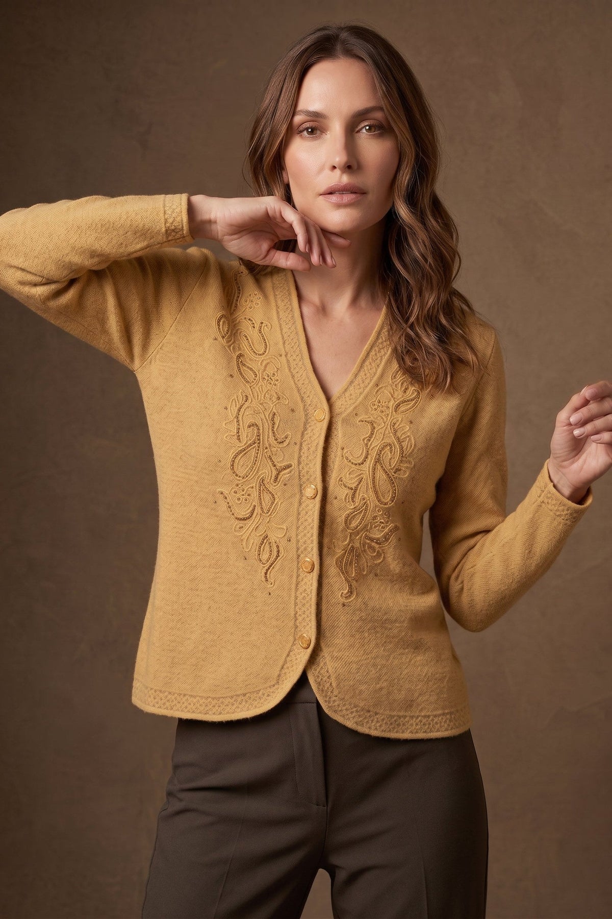 Lachi Women's Mustard Paisley Cord Acrylic Knit Cardigan