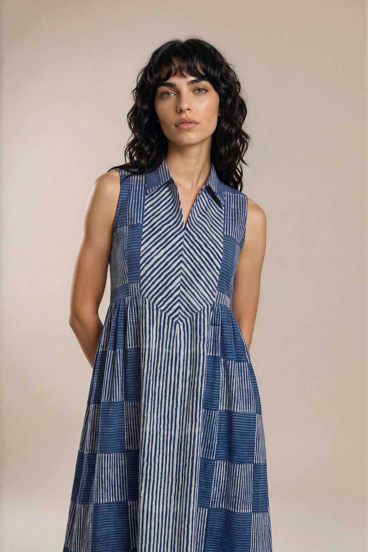 Lachi Women's Indigo Patchwork Stripe Cotton Maxi Dress