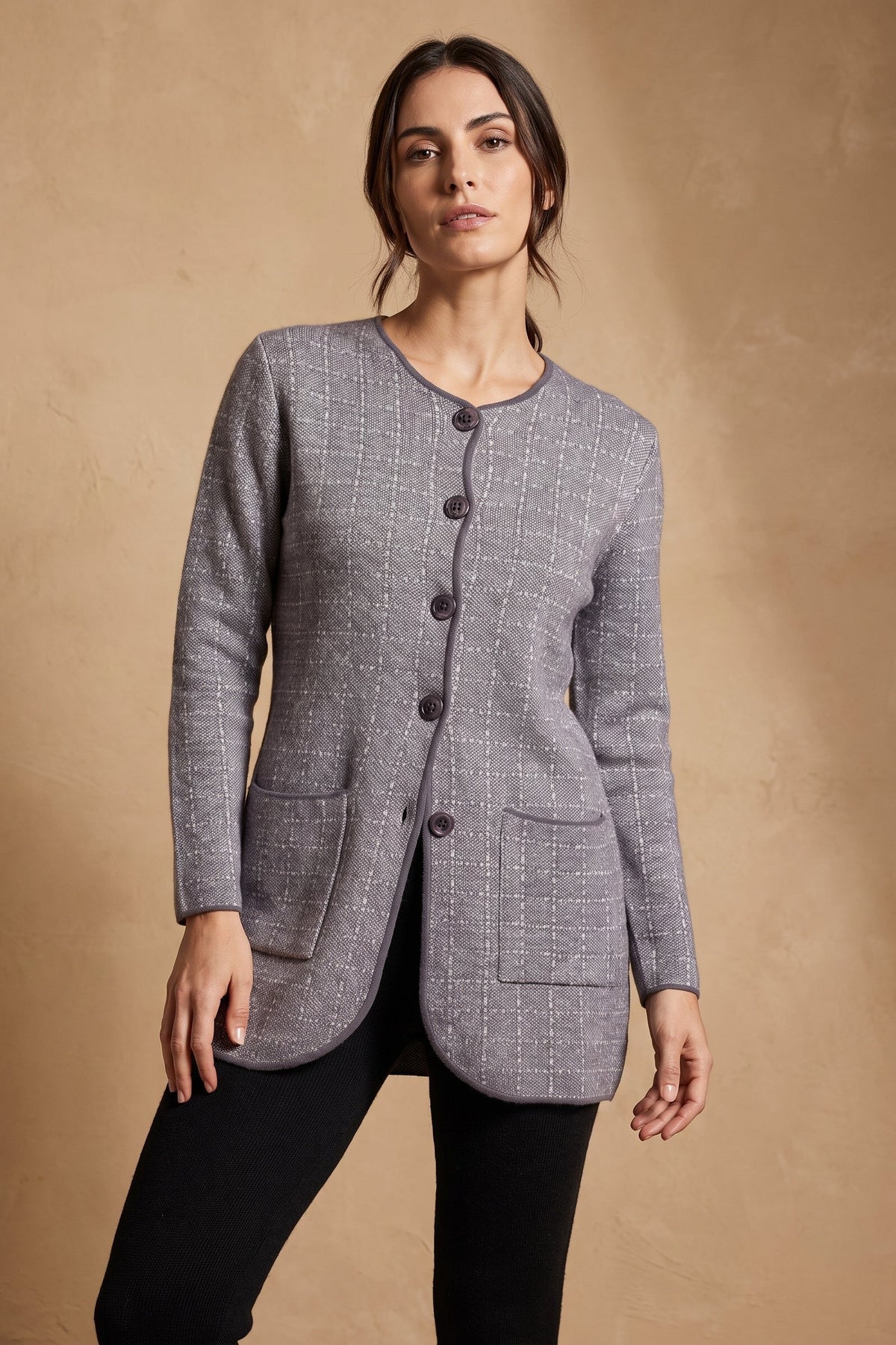 Lachi Women's Pewter Check Acrylic Knit Cardigan
