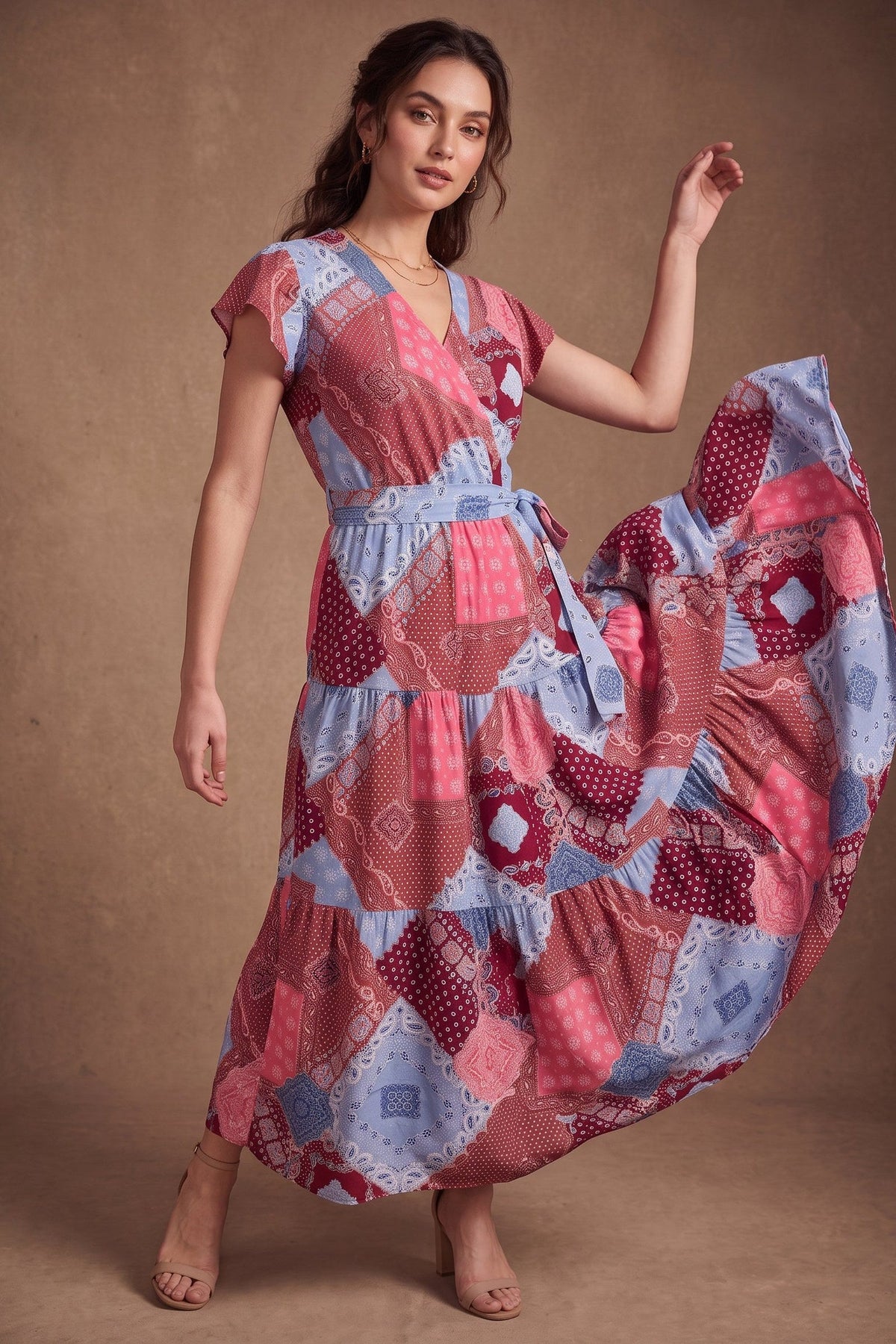 Lachi Women's Pink & Blue Patchwork Print Viscose Maxi Dress