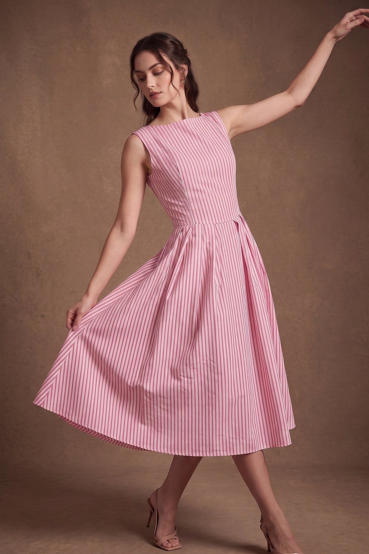 Lachi Women's Pink Striped Cotton Pleated Midi Dress