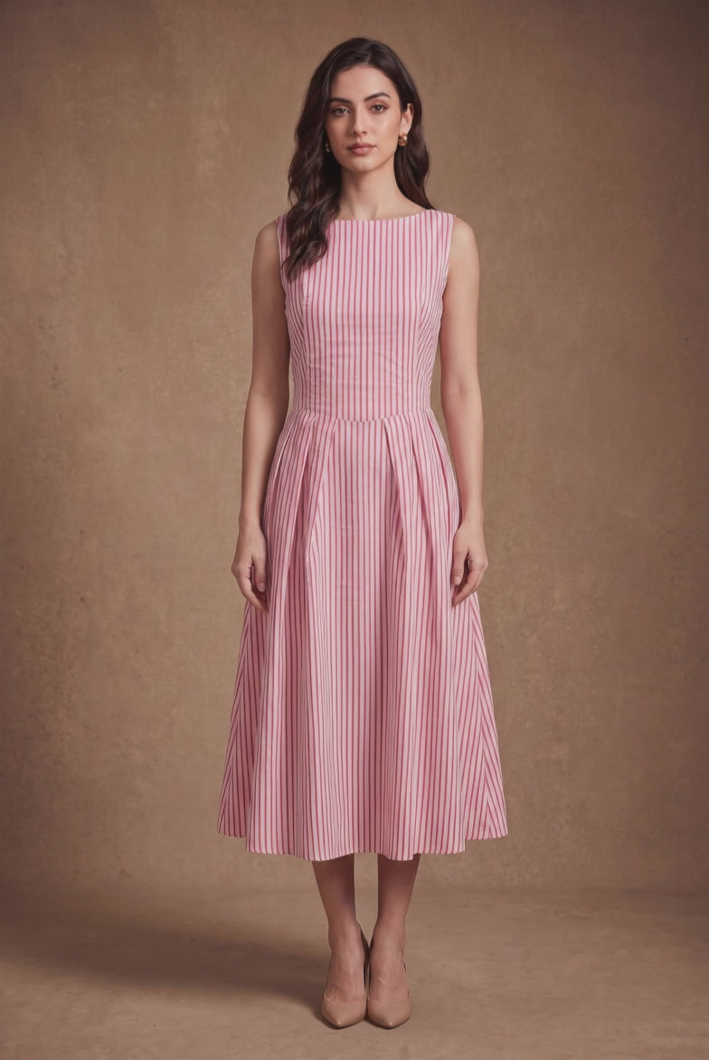 Lachi Women's Pink Striped Cotton Pleated Midi Dress