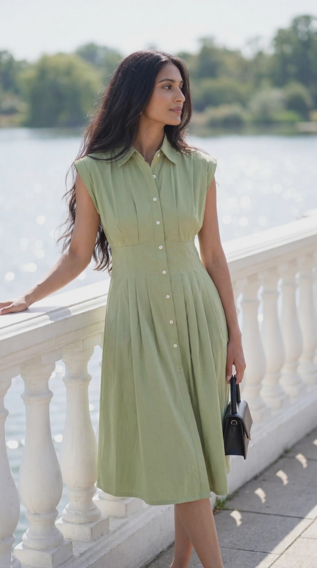 Lachi Women's Sage Green Cotton Poplin Midi Dress