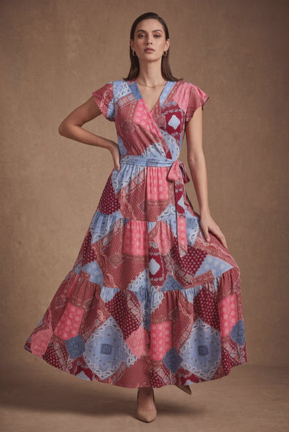Pink & Blue Patchwork Maxi Dress