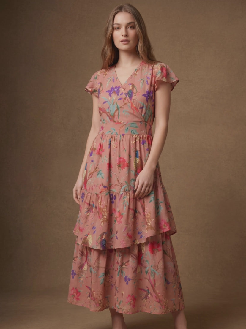 Lachi Women's Blush Botanical Print Cotton Maxi Dress