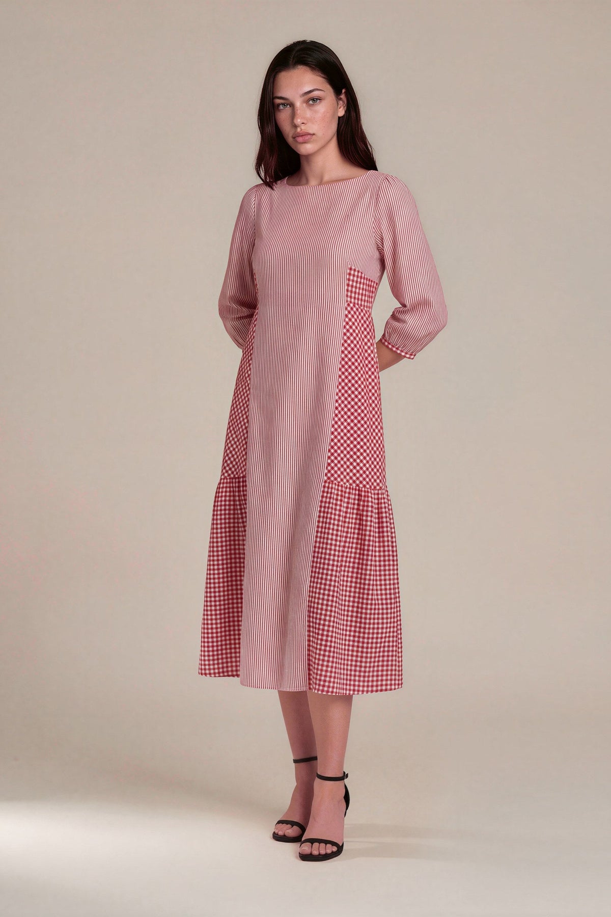 Lachi Women's Red Stripe & Gingham Cotton Panelled Midi Dress