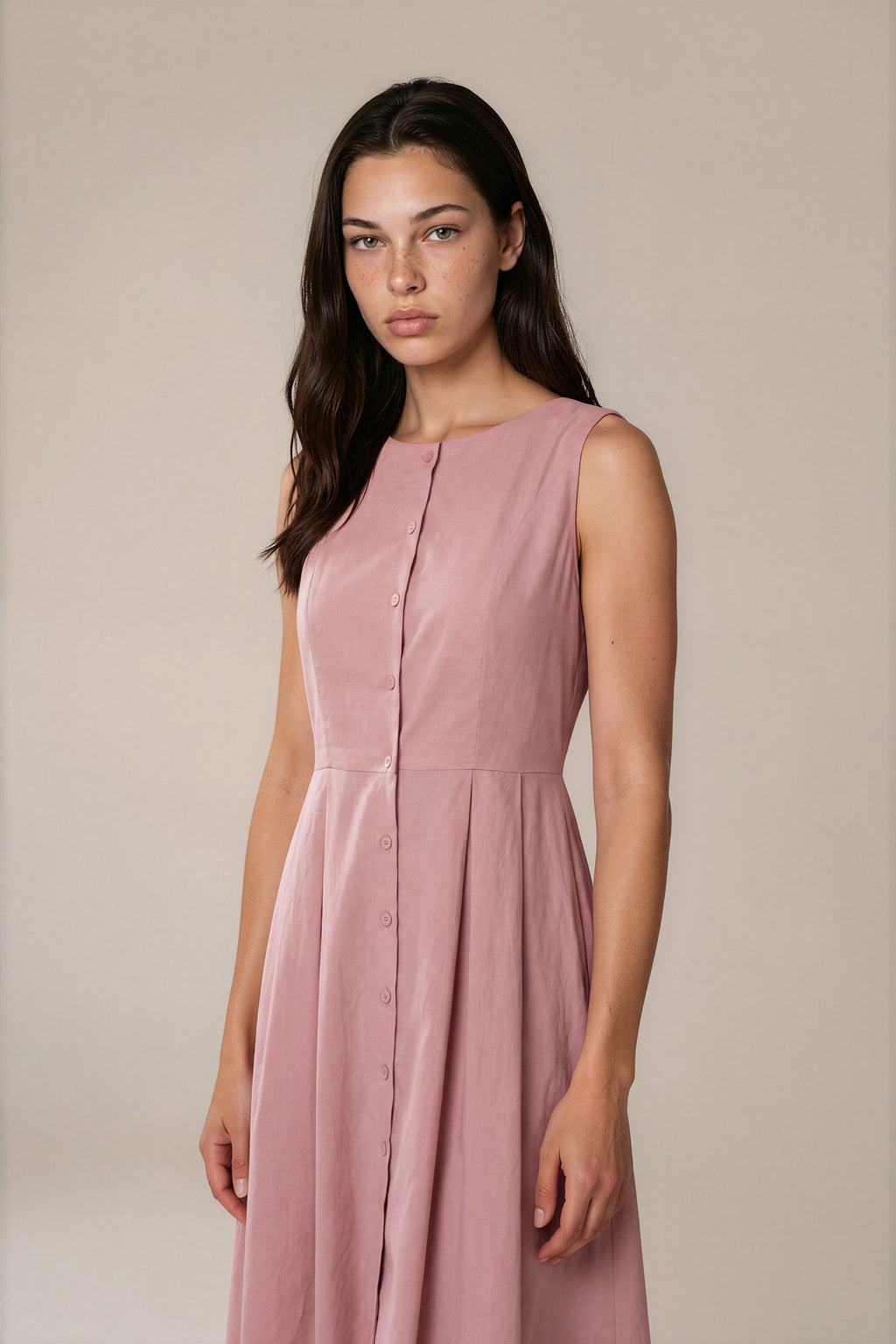 Lachi Women's Pink Cambric Cotton Button-Down Pleated Midi Dress