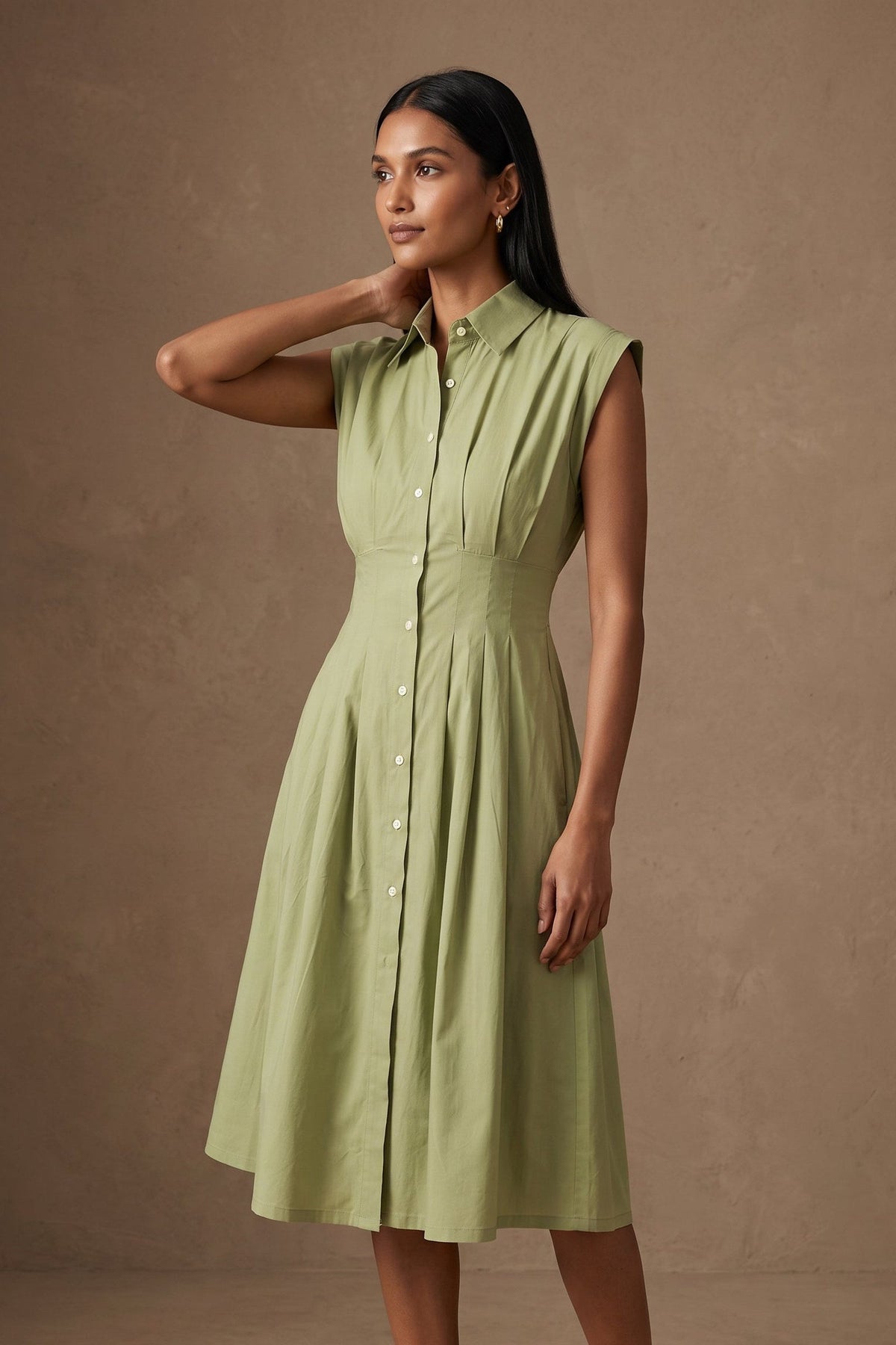 Lachi Women's Sage Green Cotton Poplin Midi Dress