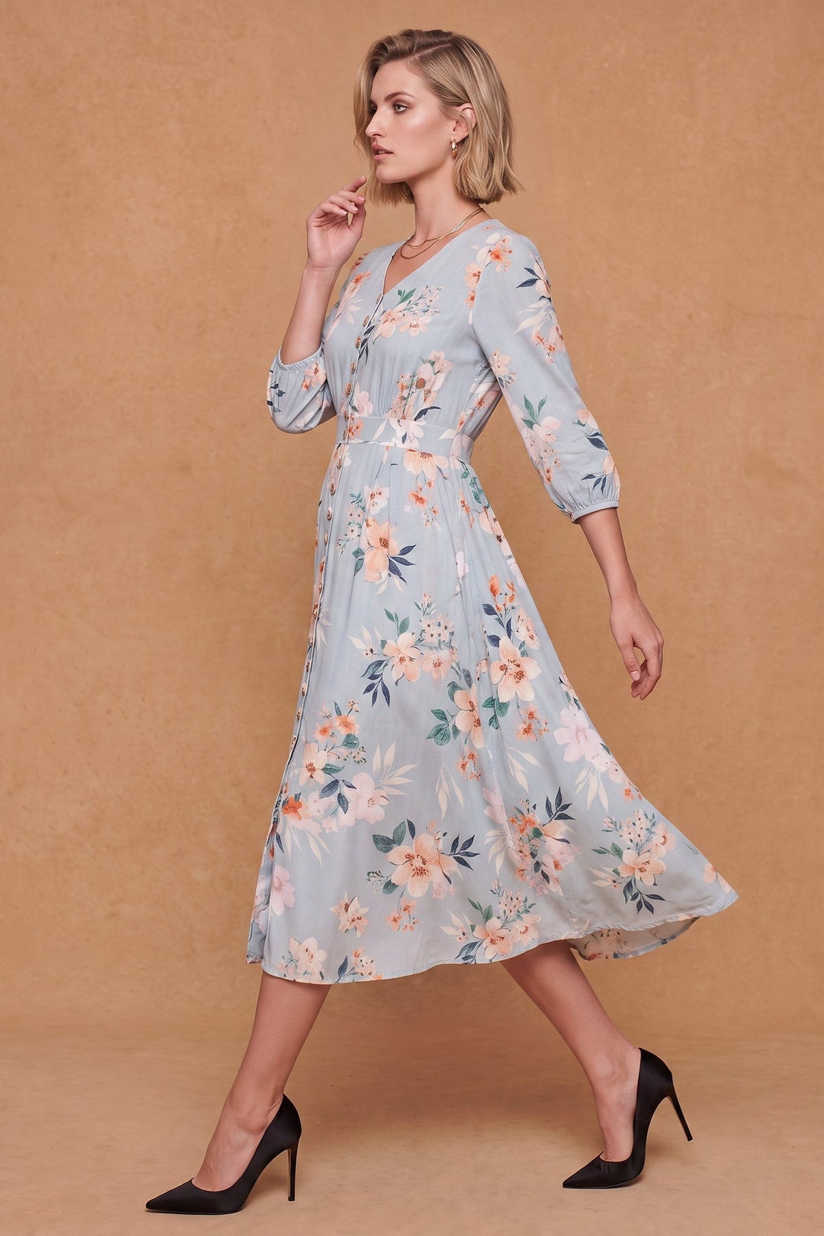 Lachi Women's Sky Blue Floral Print Viscose Midi Dress