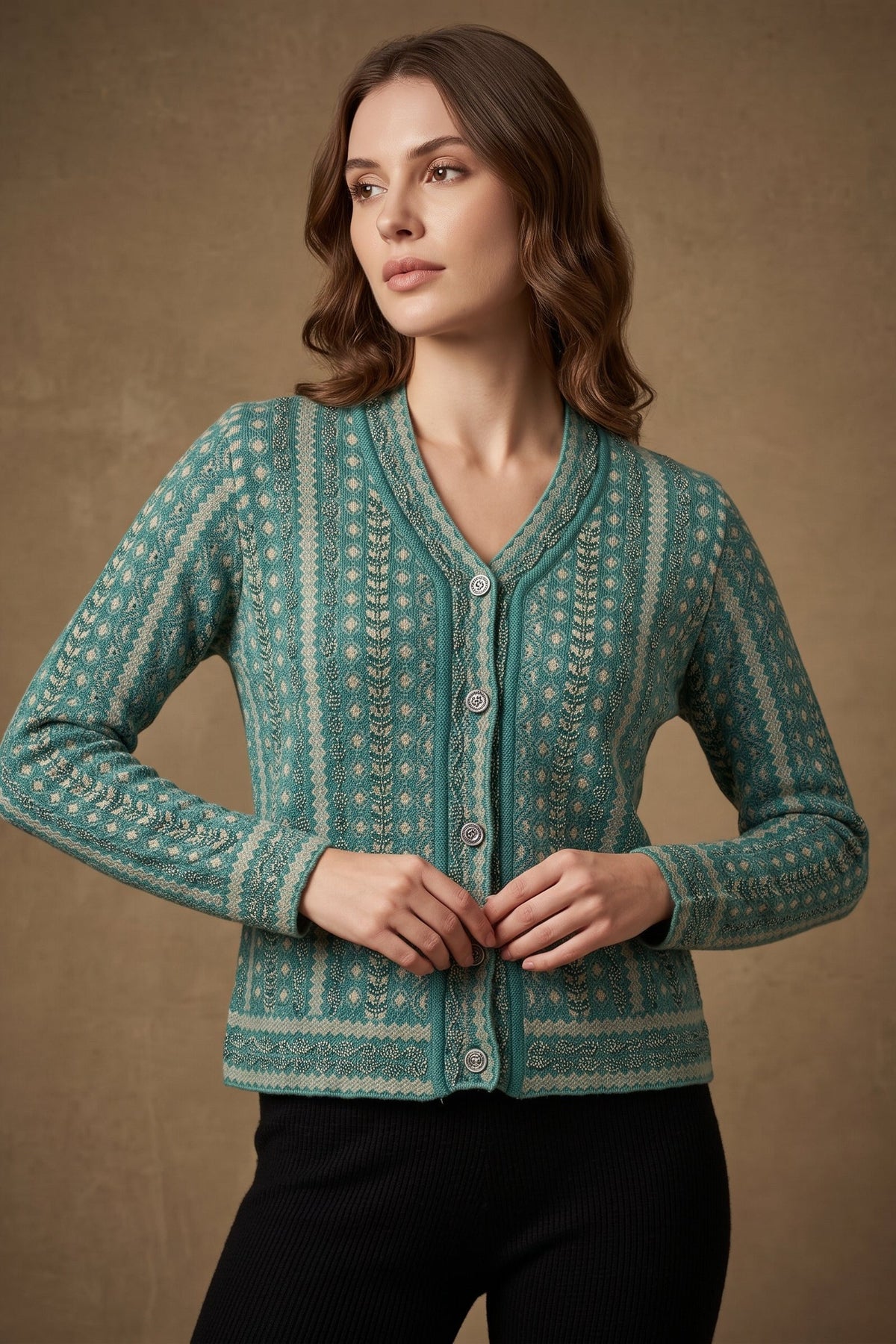 Lachi Women's Teal Nordic Stripe Acrylic Knit Cardigan